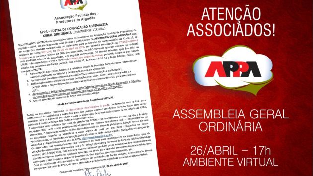 Confira o edital da Assembleia Geral Ordinária (AGO) que a APPA realiza no próximo dia 26 de abril